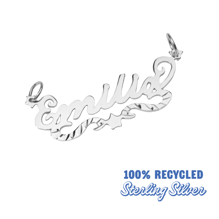 Silver name pendant with 'Emilie' on a white background, labeled as 100% recycled sterling silver.
