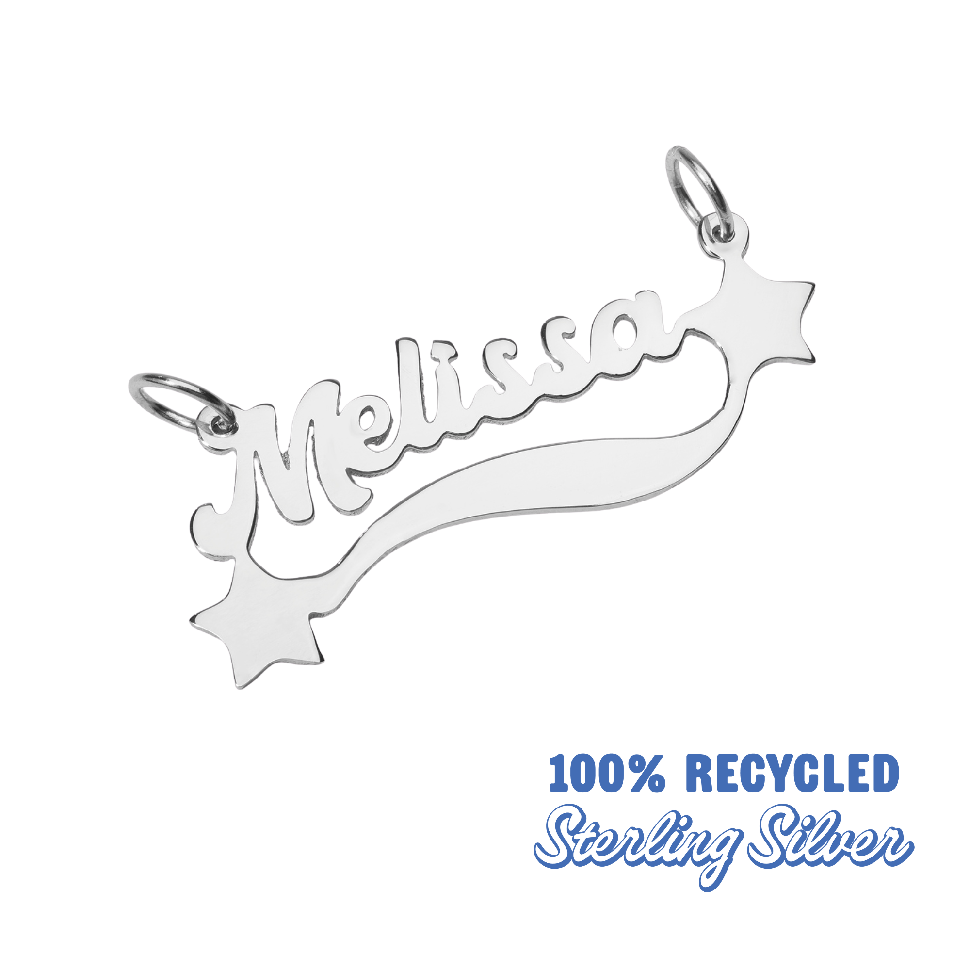Silver 'Melissa' name pendant with star design on a white background, labeled as 100% recycled sterling silver.