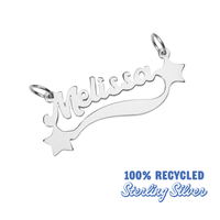 Silver 'Melissa' name pendant with star design on a white background, labeled as 100% recycled sterling silver.