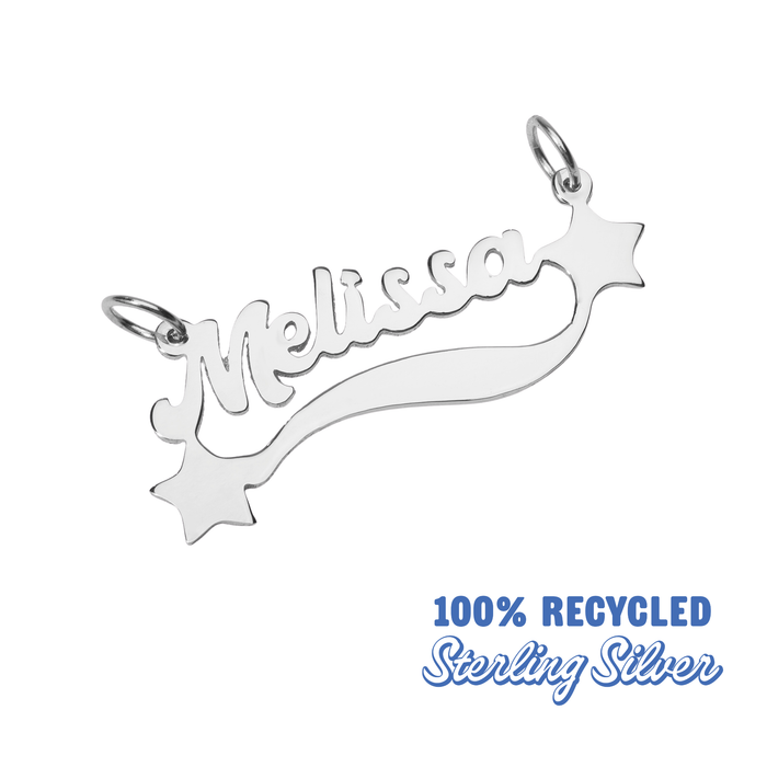 Silver 'Melissa' name pendant with star design on a white background, labeled as 100% recycled sterling silver.