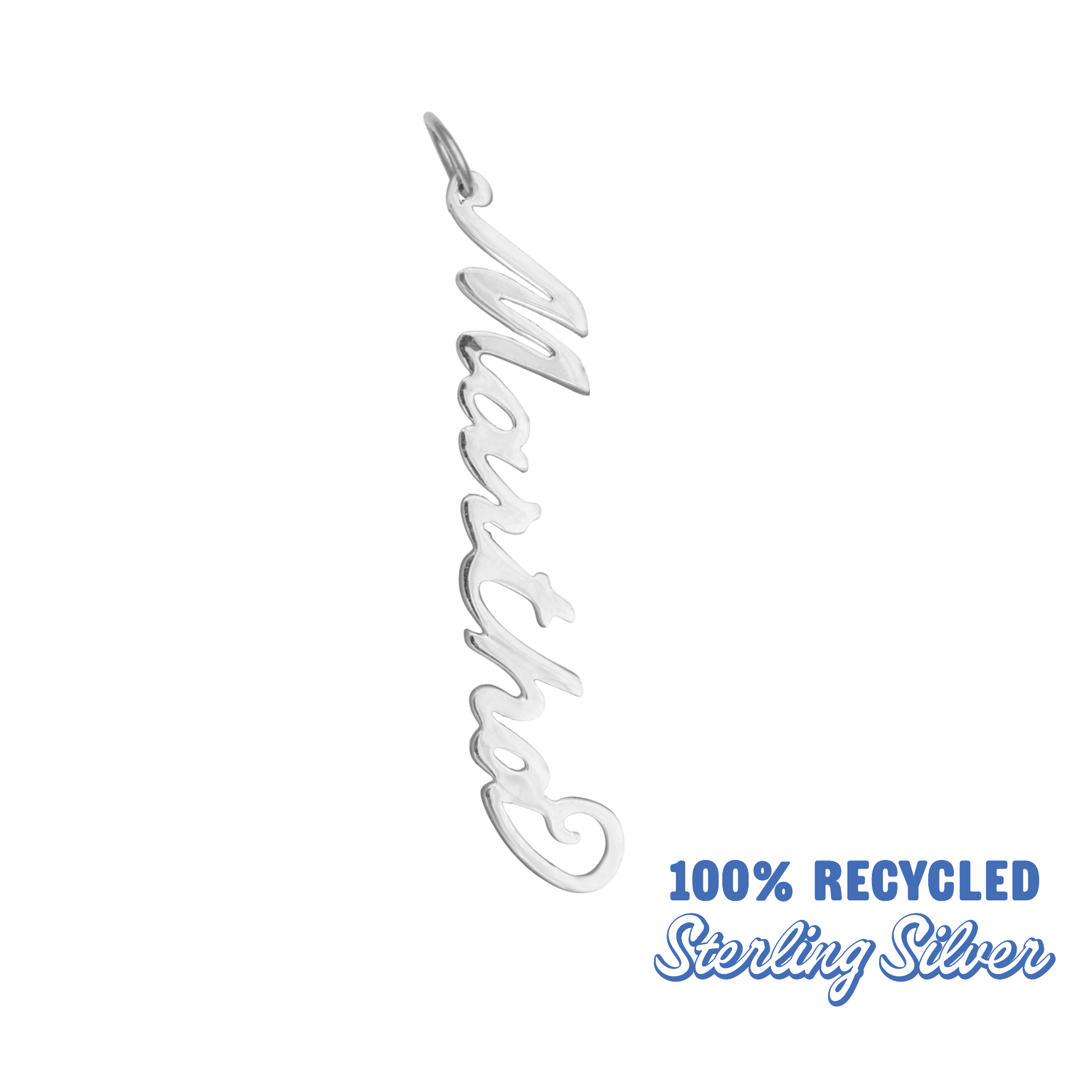 Silver pendant with 'Martha' engraved on a white background, labeled as 100% recycled sterling silver.