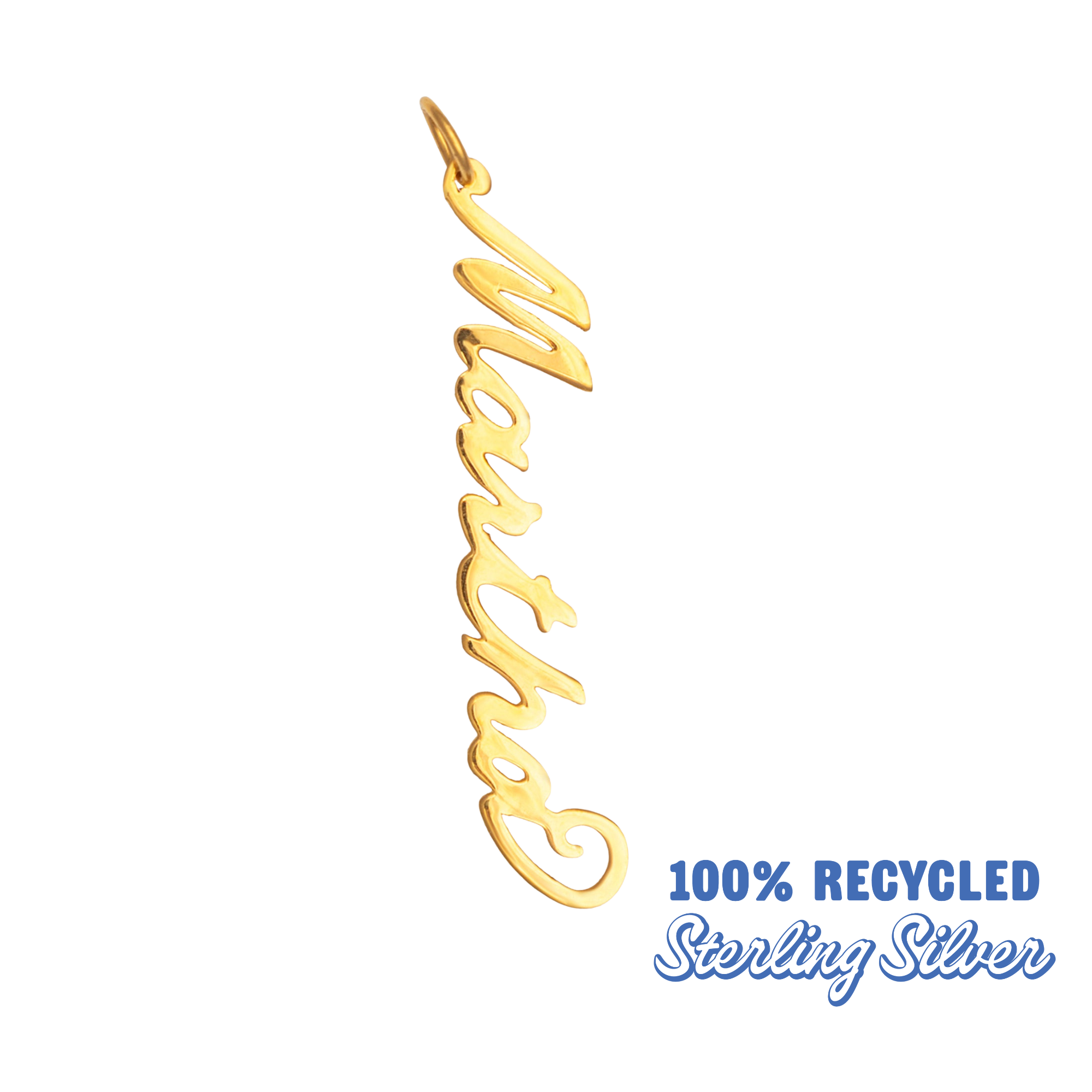 Gold name pendant with 'Martha' on a white background, labeled as 100% recycled sterling silver.