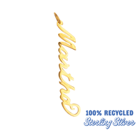 Gold name pendant with 'Martha' on a white background, labeled as 100% recycled sterling silver.
