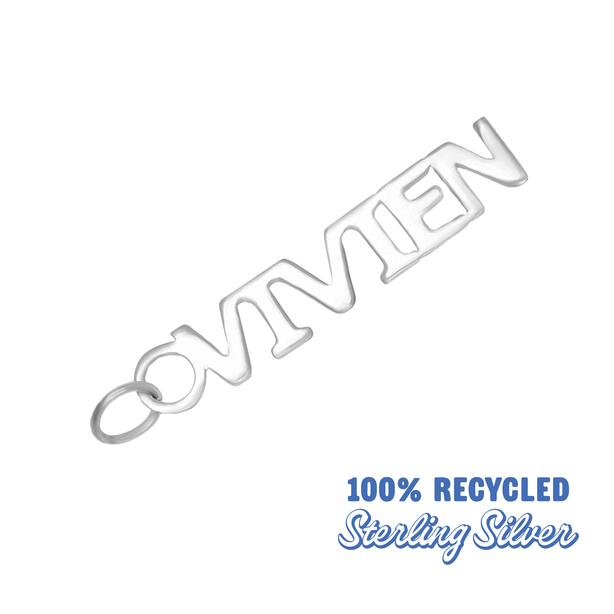 Silver chain with 'Ovivien' branding and '100% Recycled Sterling Silver' text on a white background