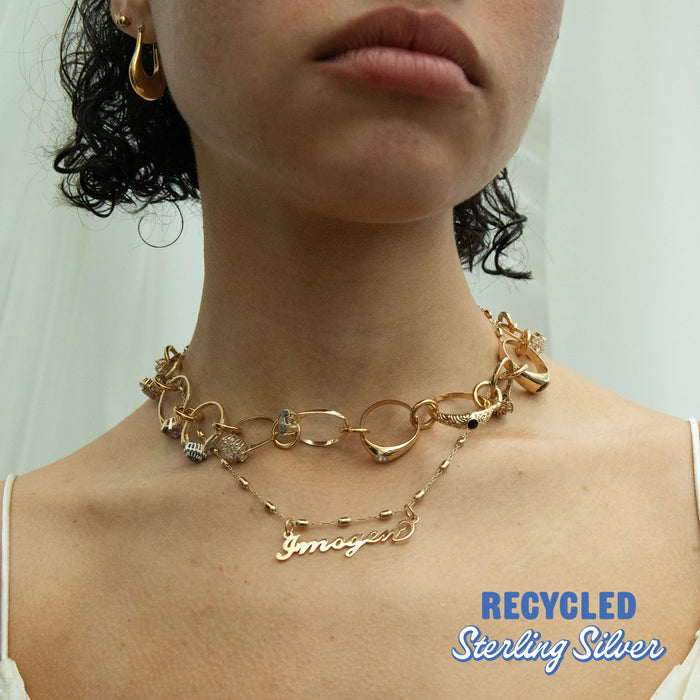 gold name plate necklace - rosary bead necklace - seolgold