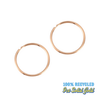 Rose gold hoop earrings with '100% Recycled 9ct Solid Gold' text on a white background - seolgold