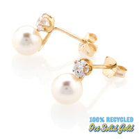 Gold earrings with pearls and diamonds on a white background, labeled '100% Recycled 9ct Solid Gold'.