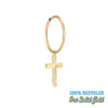 Gold hoop earring with a cross pendant on a white background, labeled '100% recycled 9ct Solid Gold' - seol gold 