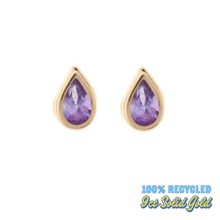 9ct Solid Gold Amethyst CZ Teardrop Studs - Seol Gold