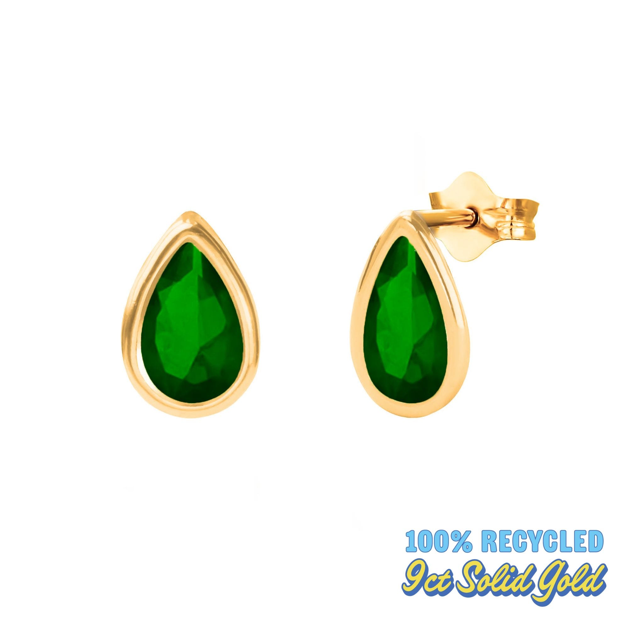 9ct Solid Gold Emerald CZ Teardrop Studs - Seol Gold