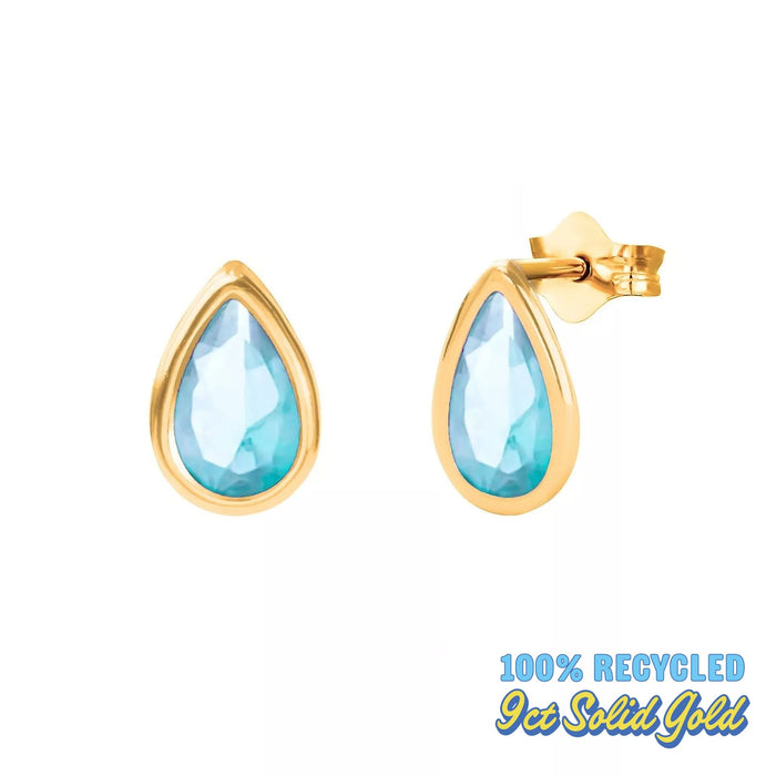 9ct Solid Gold Aquamarine CZ Teardrop Studs - seolgold