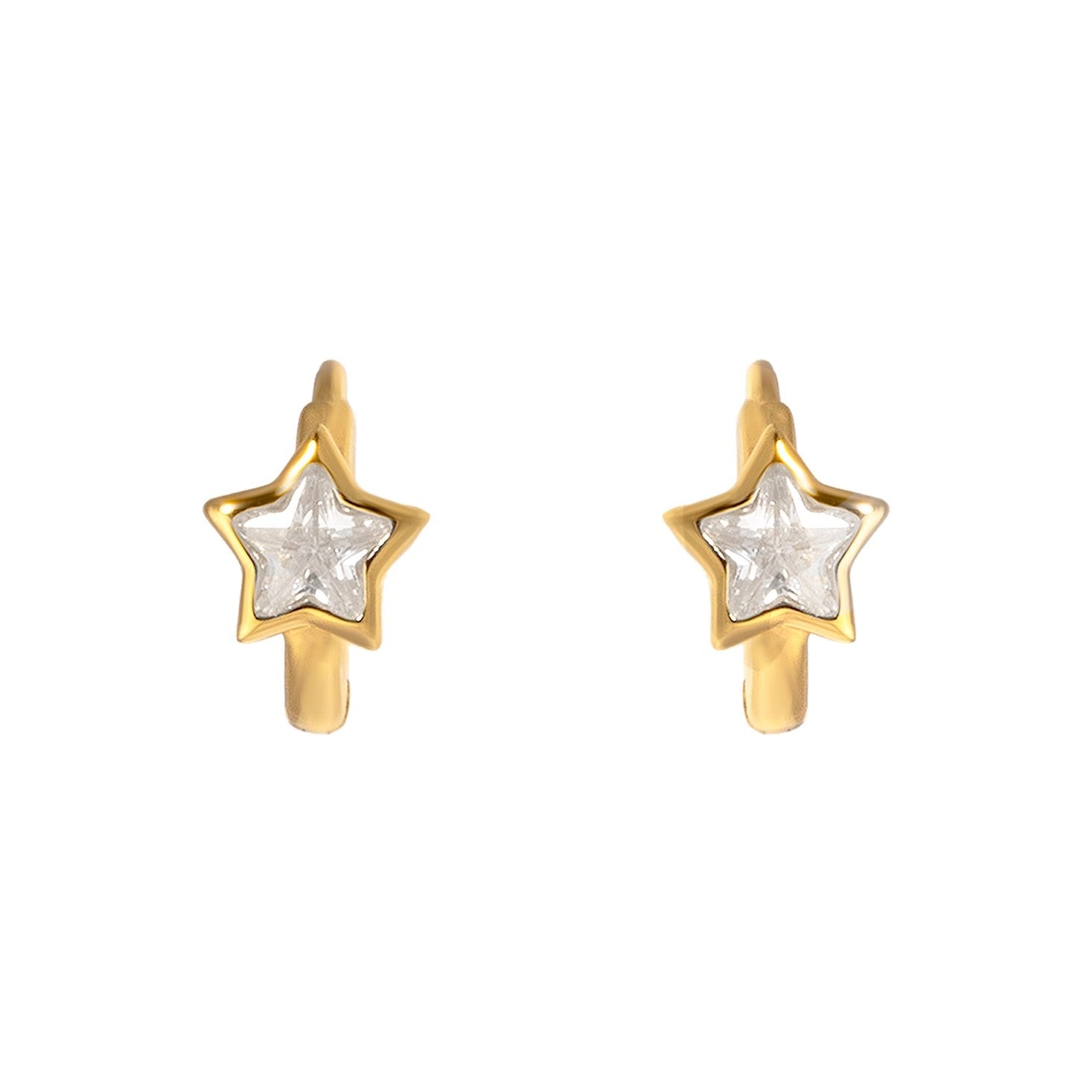 Star-shaped earrings with gold frames and clear gemstones on a white background - seolgold