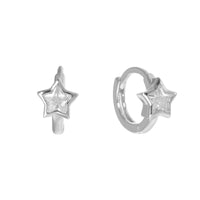Star-shaped silver hoop earrings on a white background - seolgold