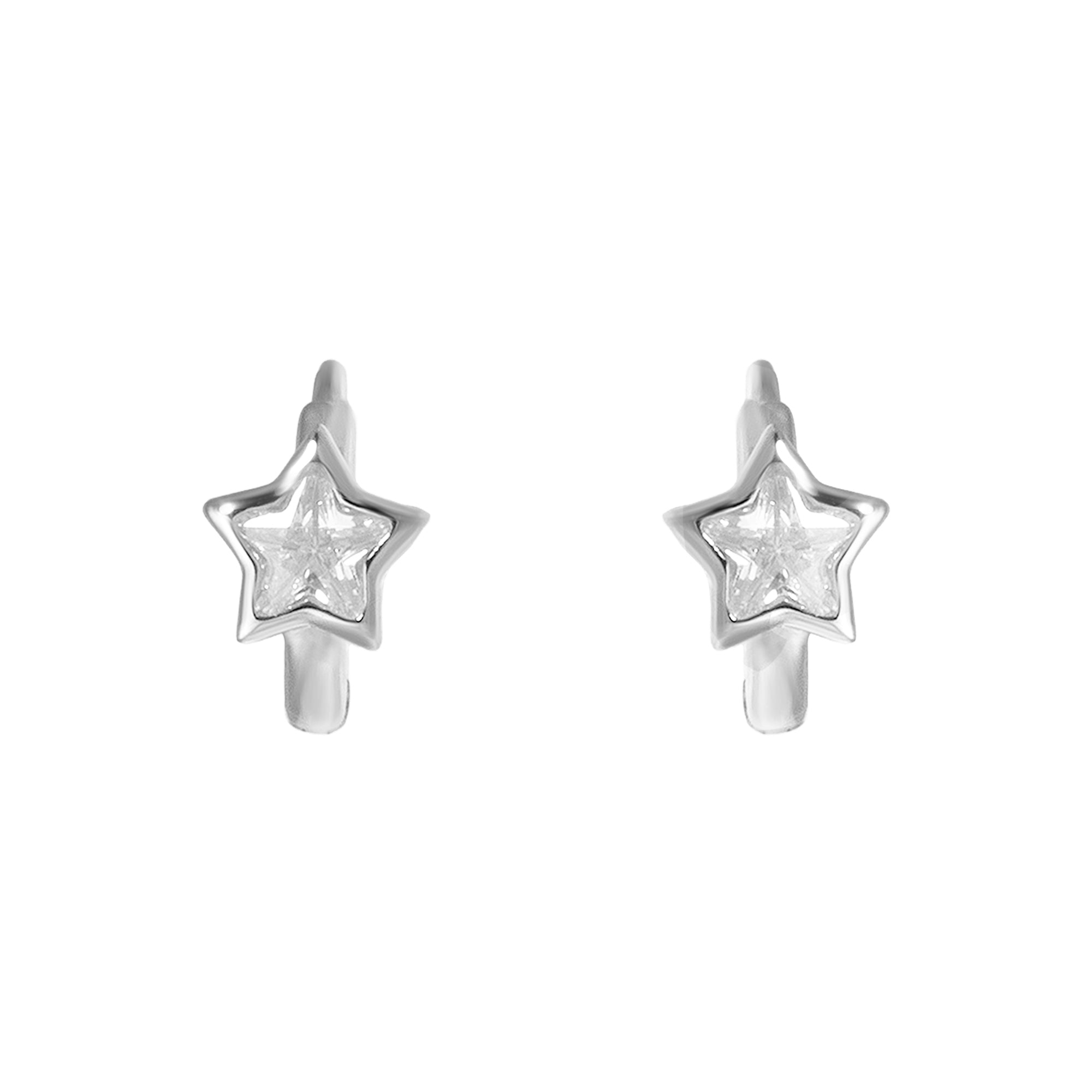 Pair of silver star-shaped earrings on a white background - seolgold