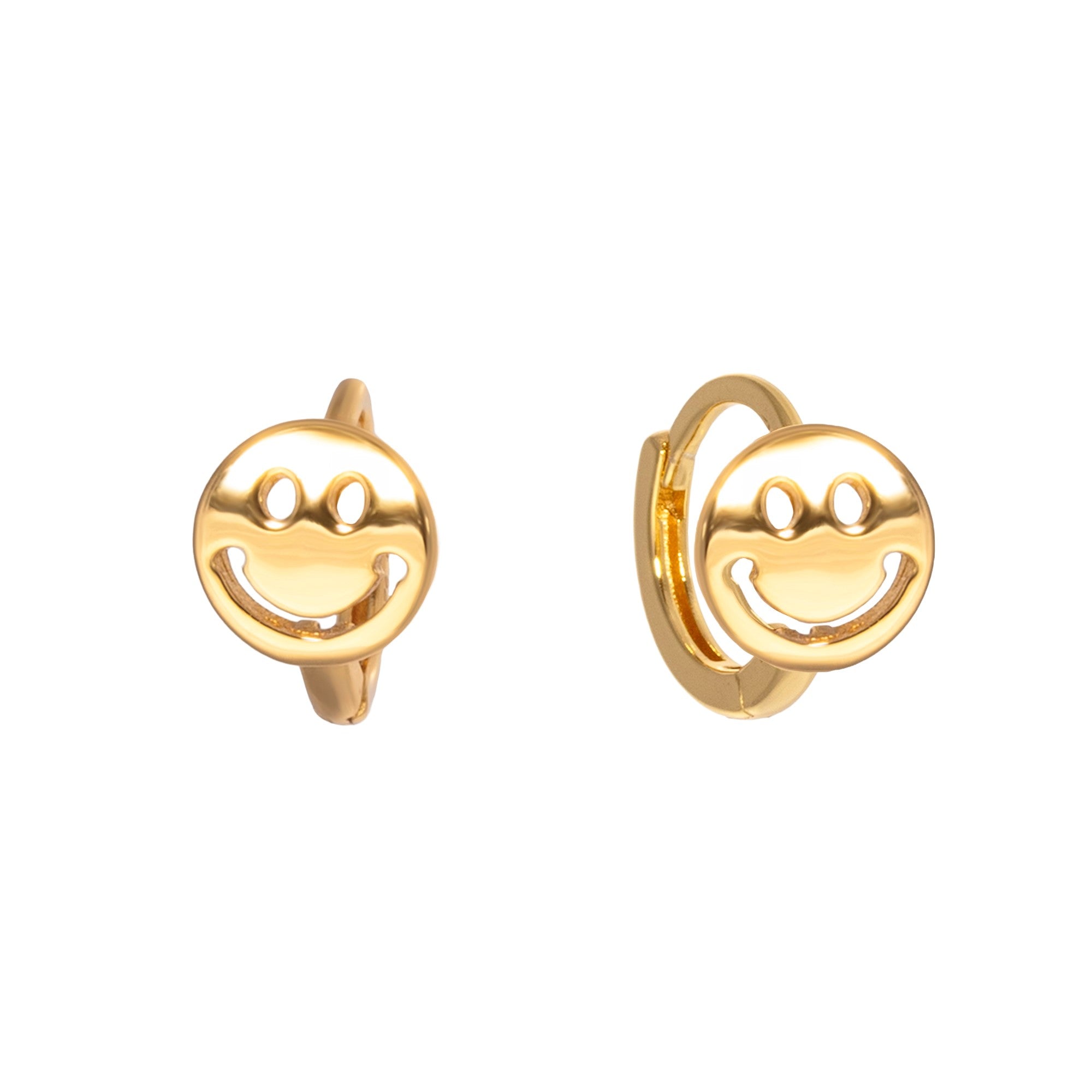 Gold smiley face hoop earrings on a white background - seolgold