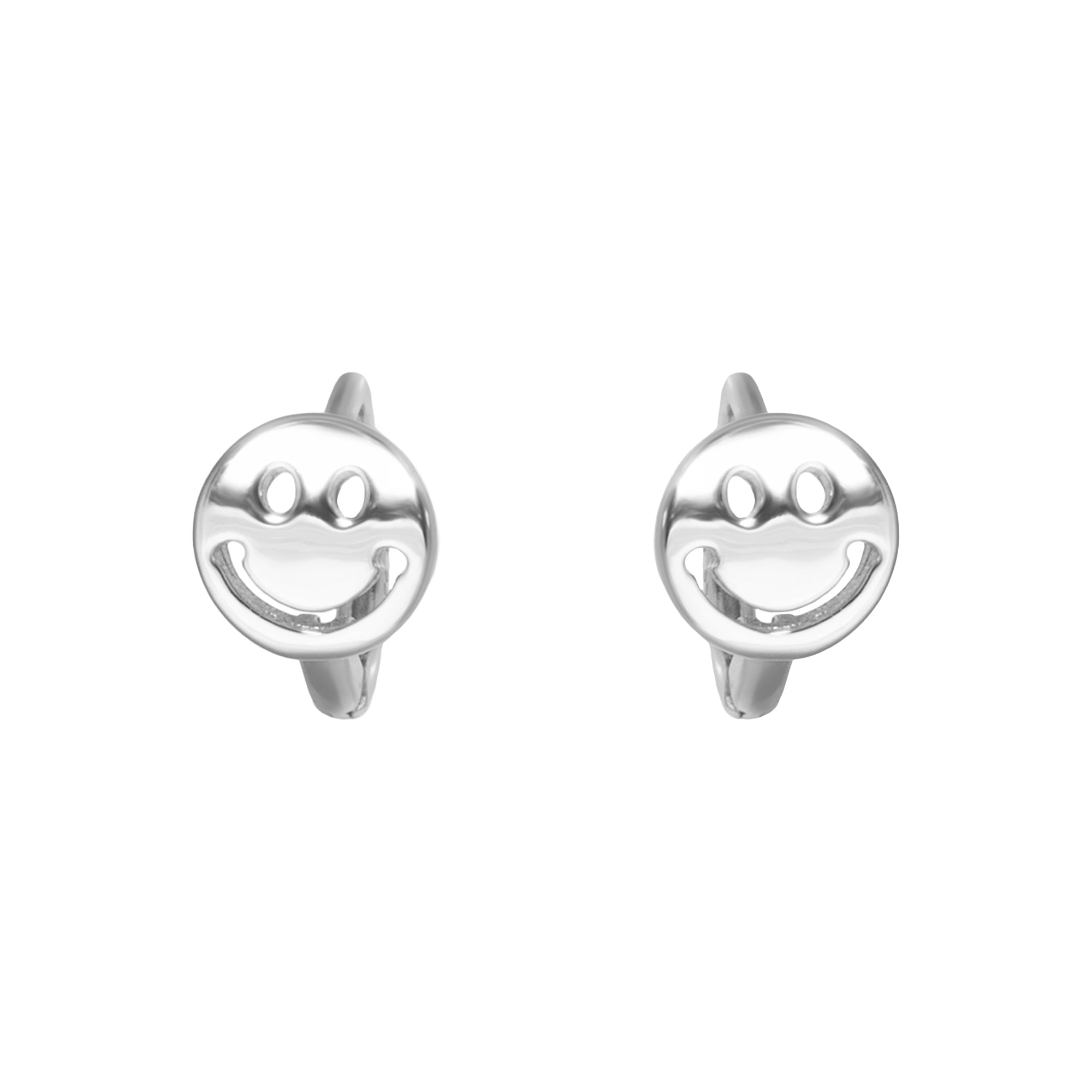 Pair of silver smiley face earrings on a white background - seolgold