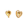 Gold heart-shaped earrings with a central diamond on a white background - seolgold