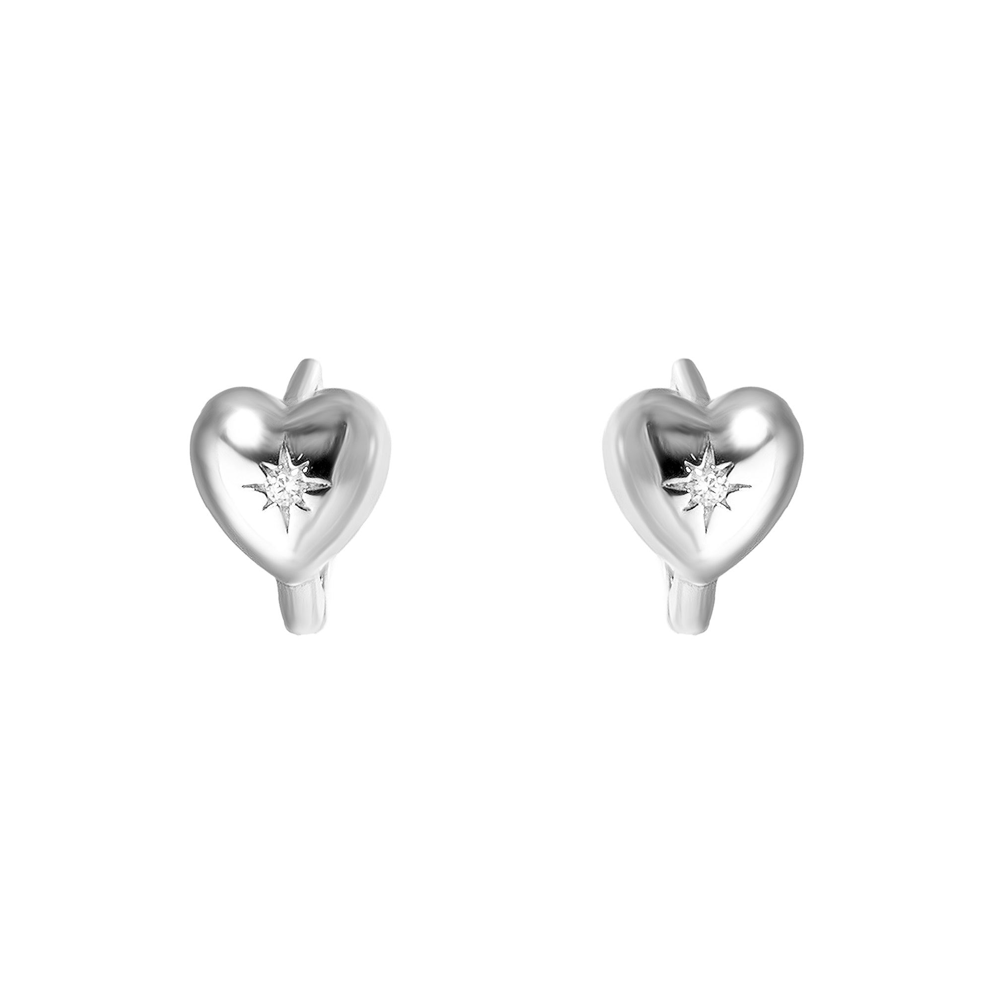 Heart-shaped silver earrings with embedded diamonds on a white background - seolgold