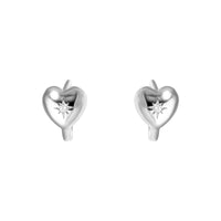 Heart-shaped silver earrings with embedded diamonds on a white background - seolgold