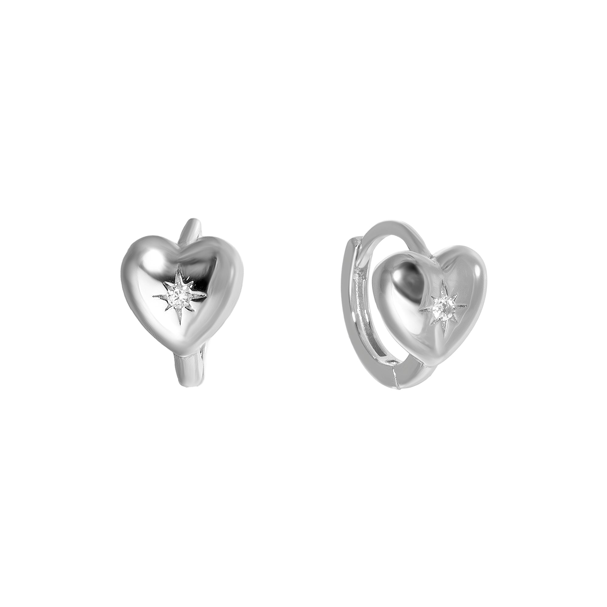 Heart-shaped silver earrings with a central gemstone on a white background - seolgold