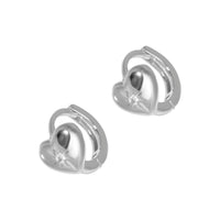 Pair of silver heart-shaped earrings with clear gemstones on a white background - seolgold