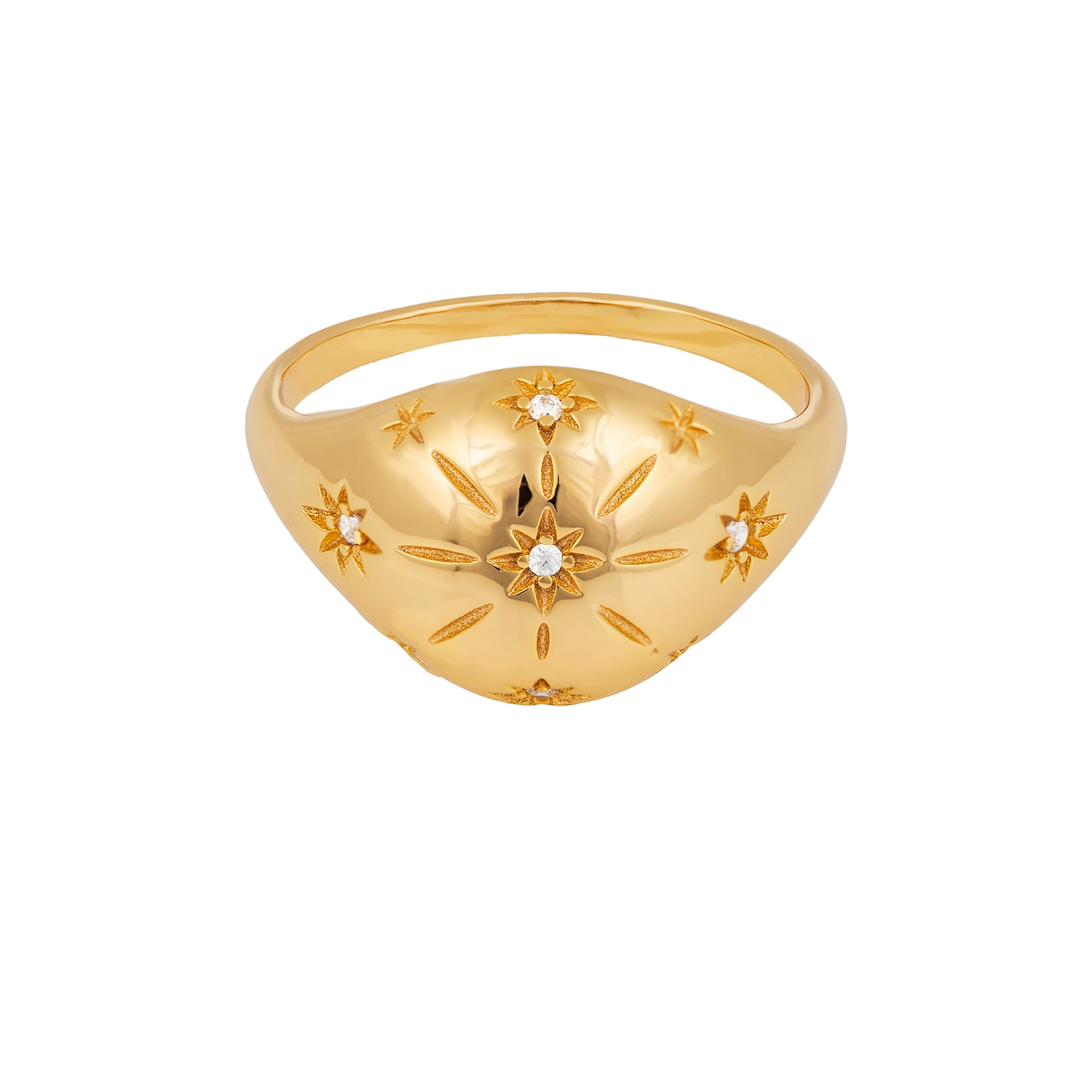 Gold ring with star designs and small diamonds on a white background - seolgold