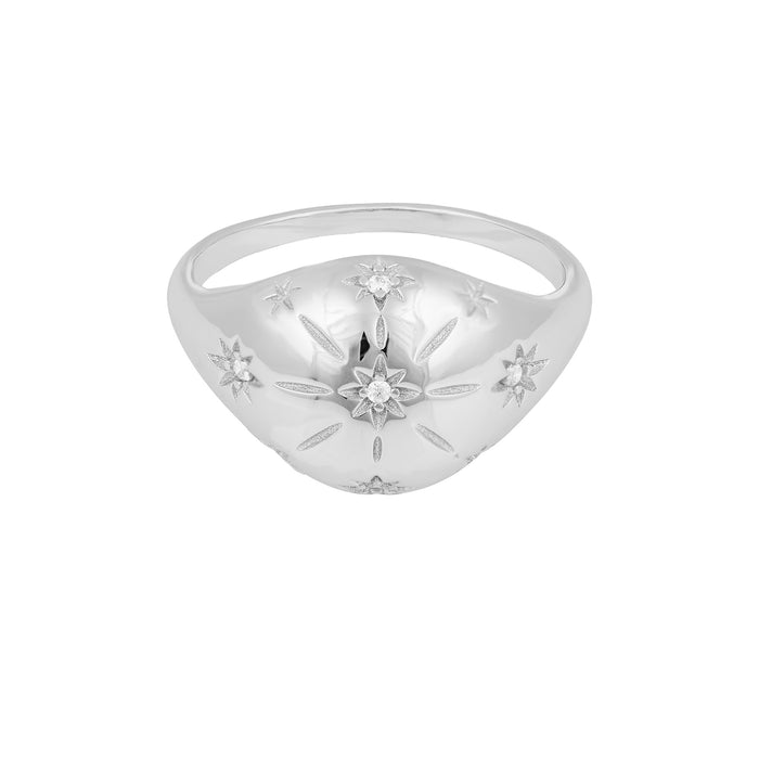 Silver ring with star designs and embedded diamonds on a white background - seolgold