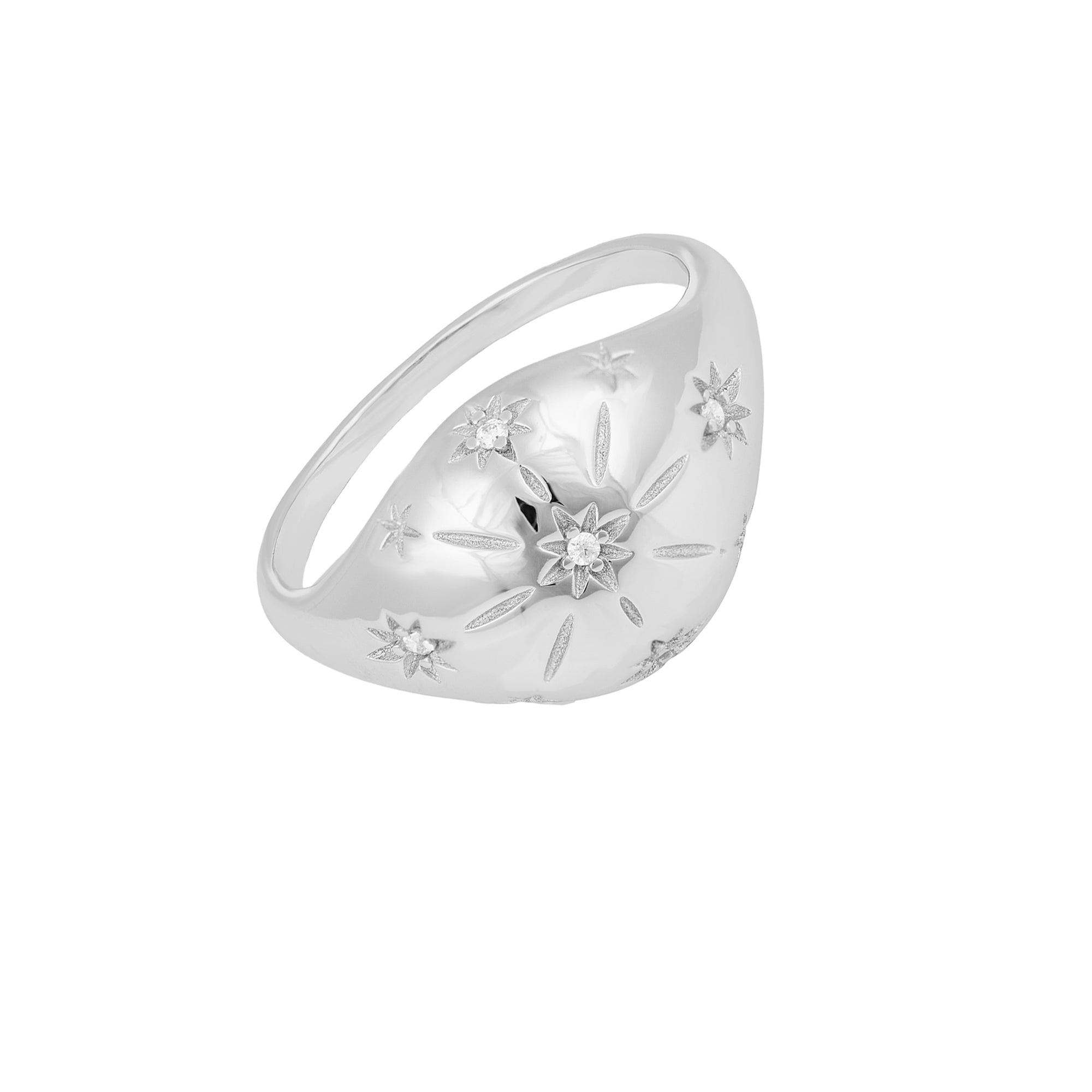 Silver ring with floral designs on a white background - seolgold