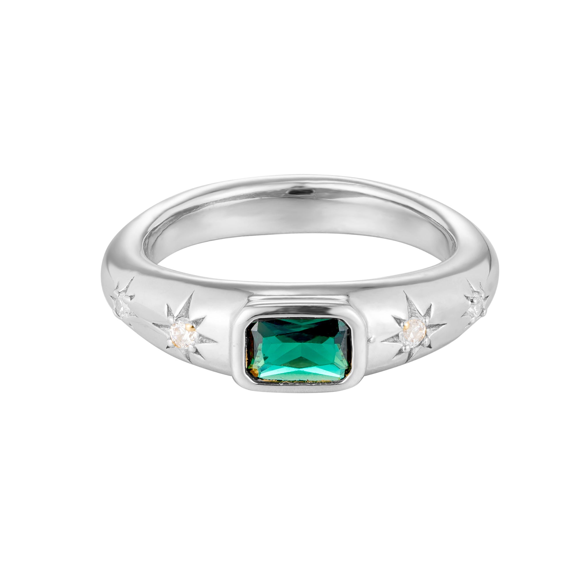 Silver ring with a green gemstone and star designs on a white background - seolgold