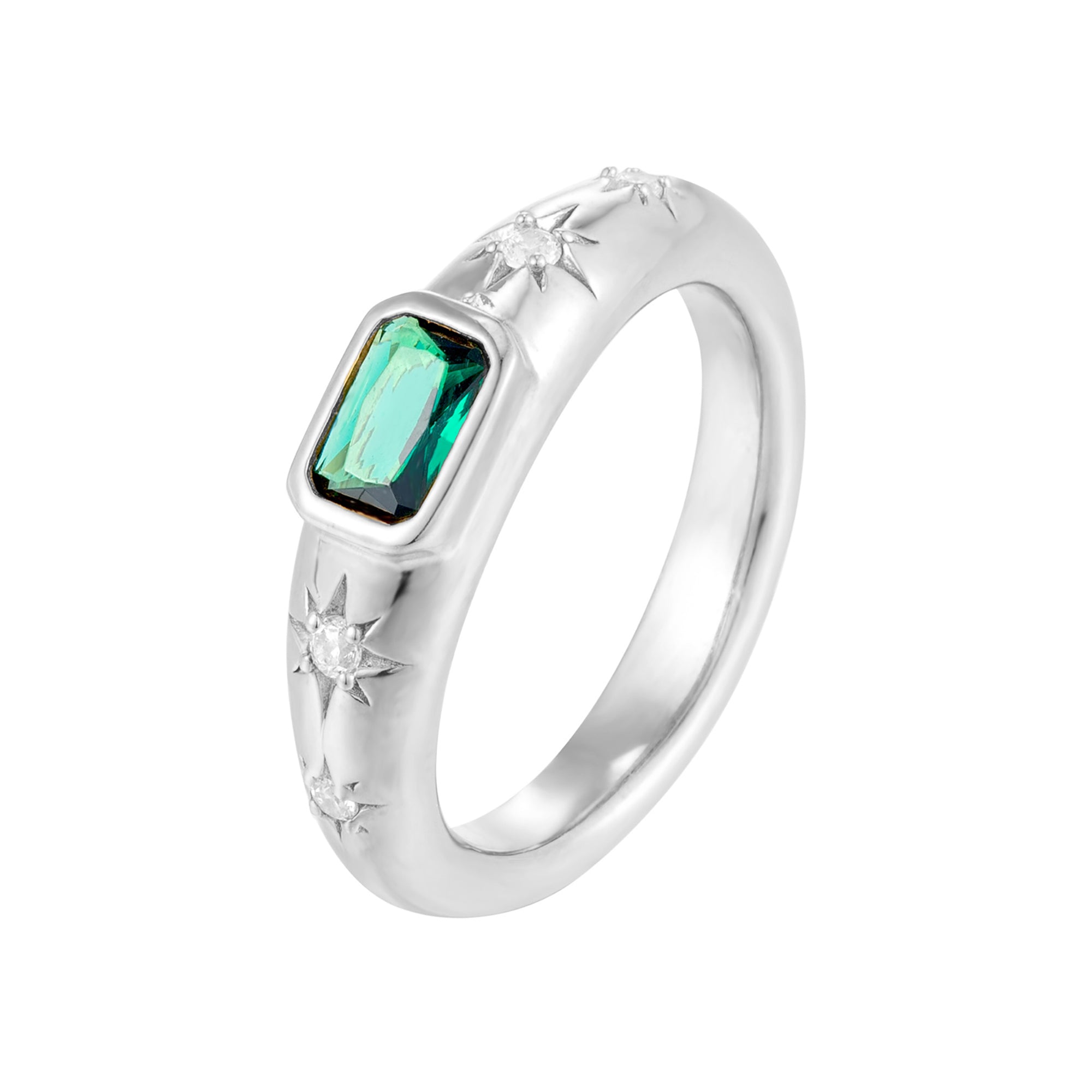 Silver ring with a green gemstone on a white background - seolgold