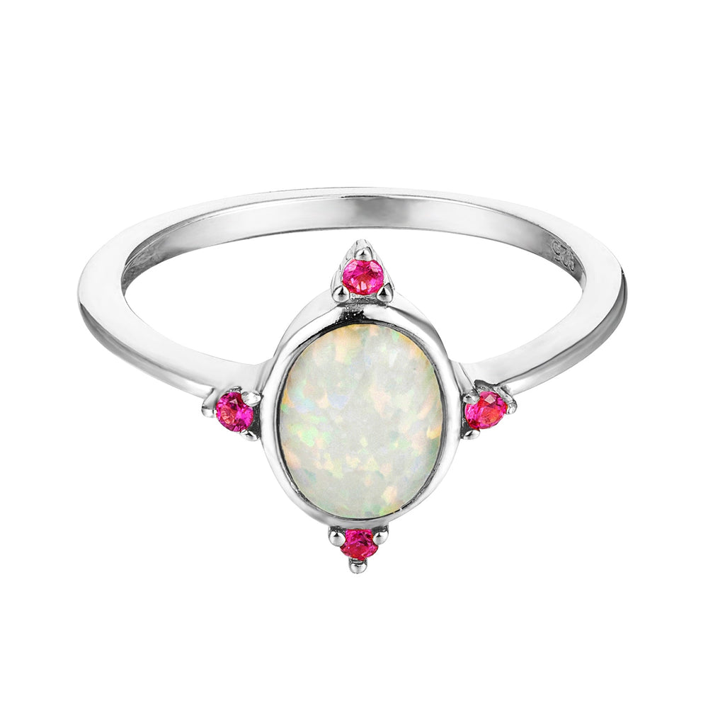 Sterling Silver Opal and Ruby Oval Ring