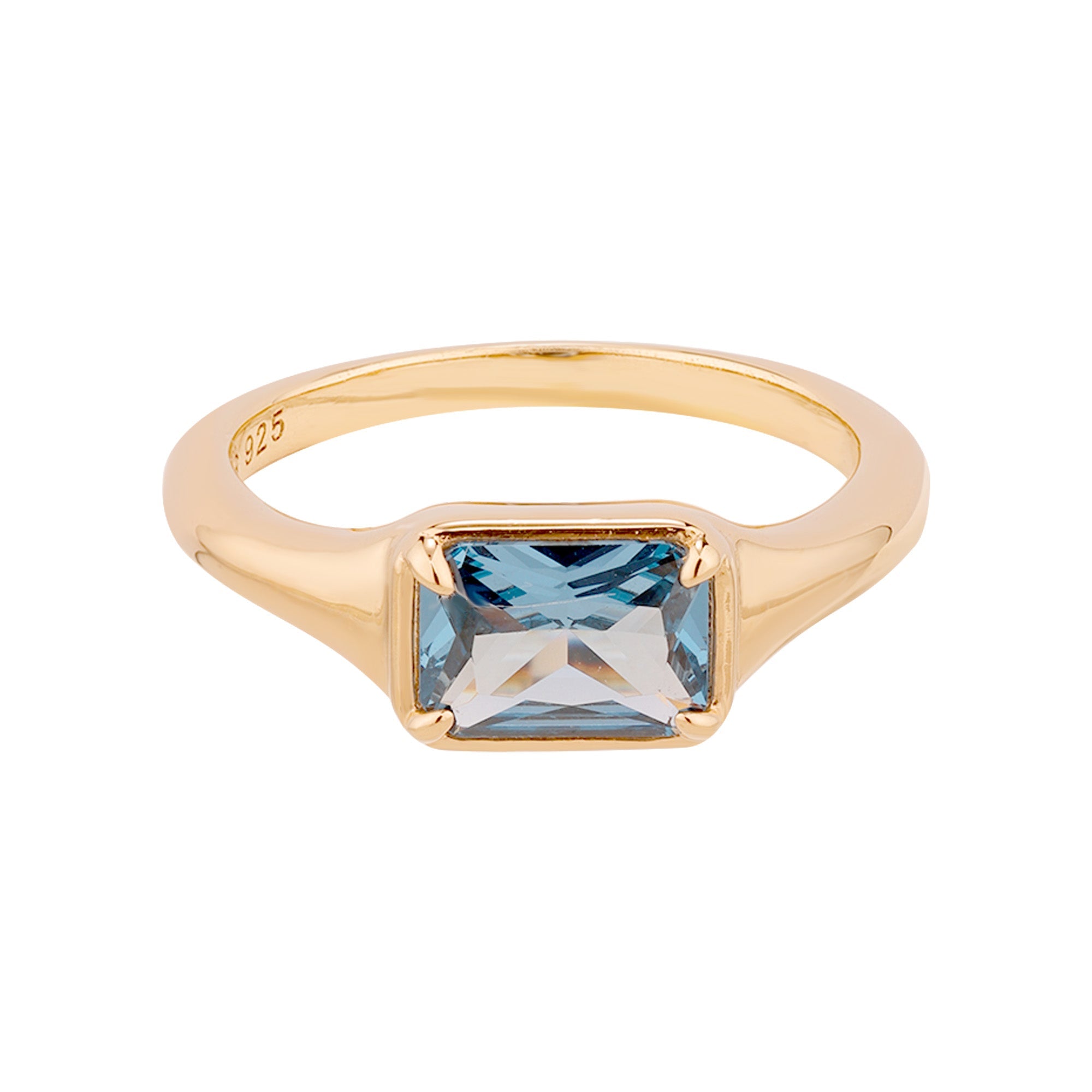 18ct Gold Plated Aquamarine CZ Baguette Ring