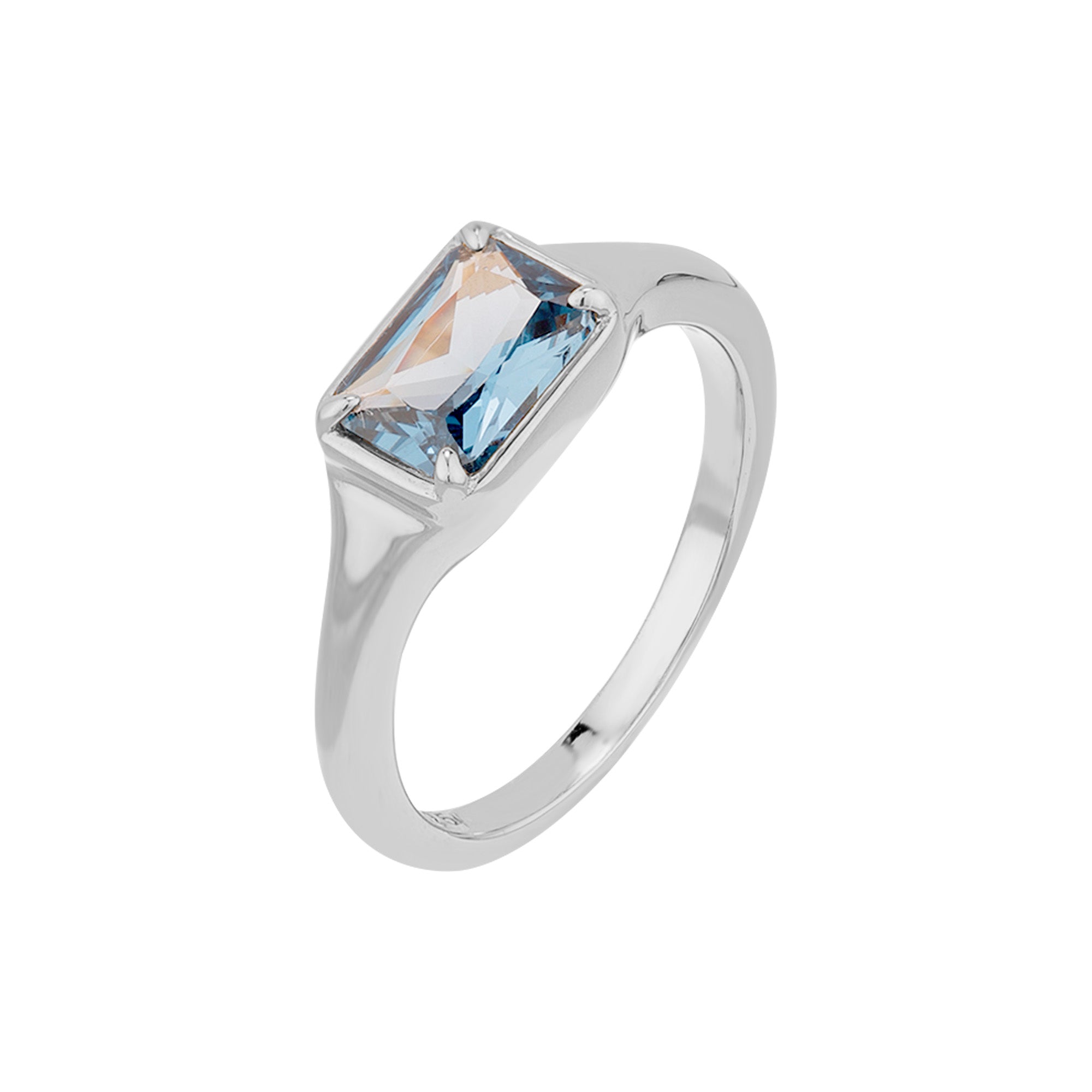 Silver ring with a rectangular blue gemstone on a white background - seolgold