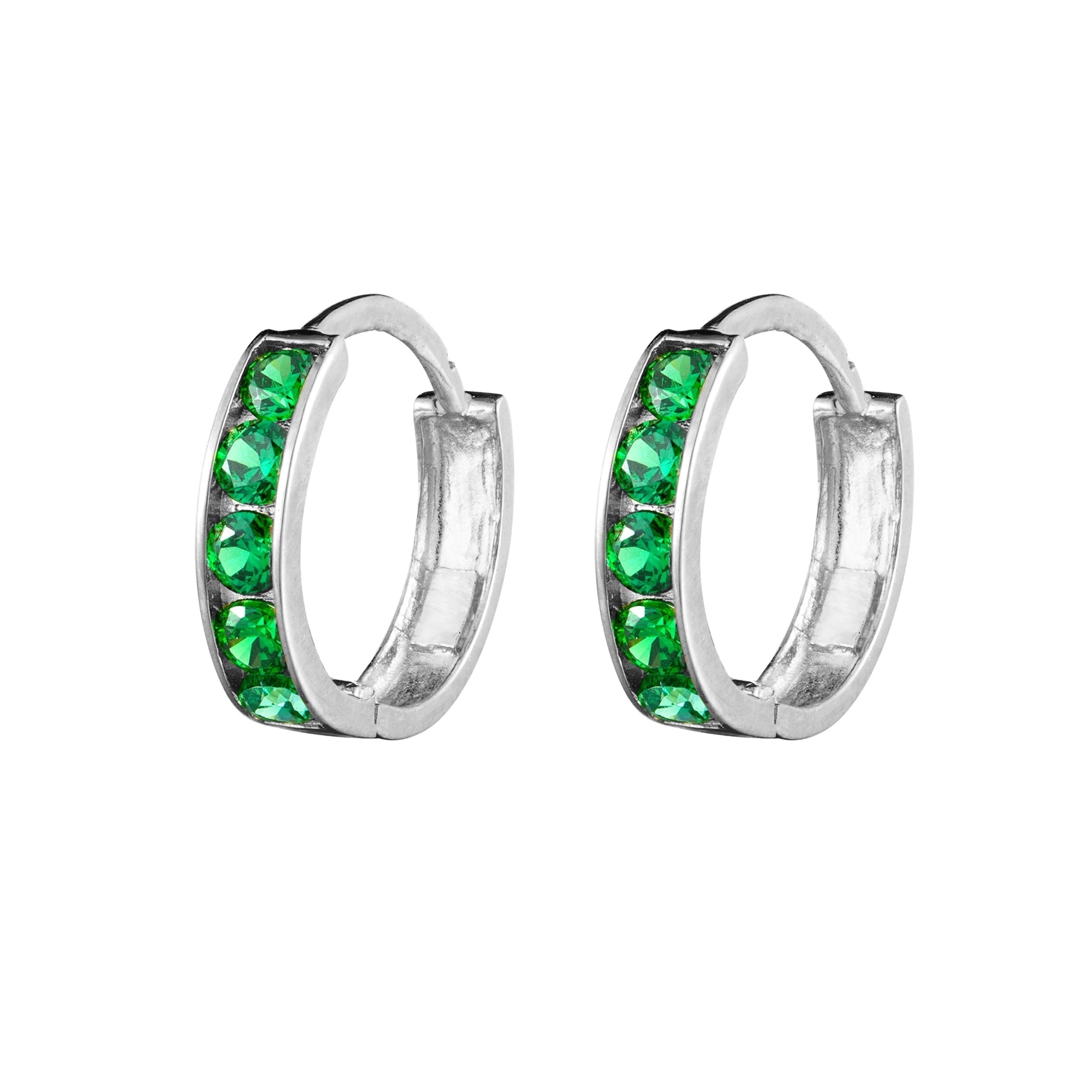 A pair of sterling silver hoop earrings with emerald cubic zirconia stones, displayed against a white background - seolgold