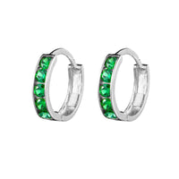 A pair of sterling silver hoop earrings with emerald cubic zirconia stones, displayed against a white background - seolgold
