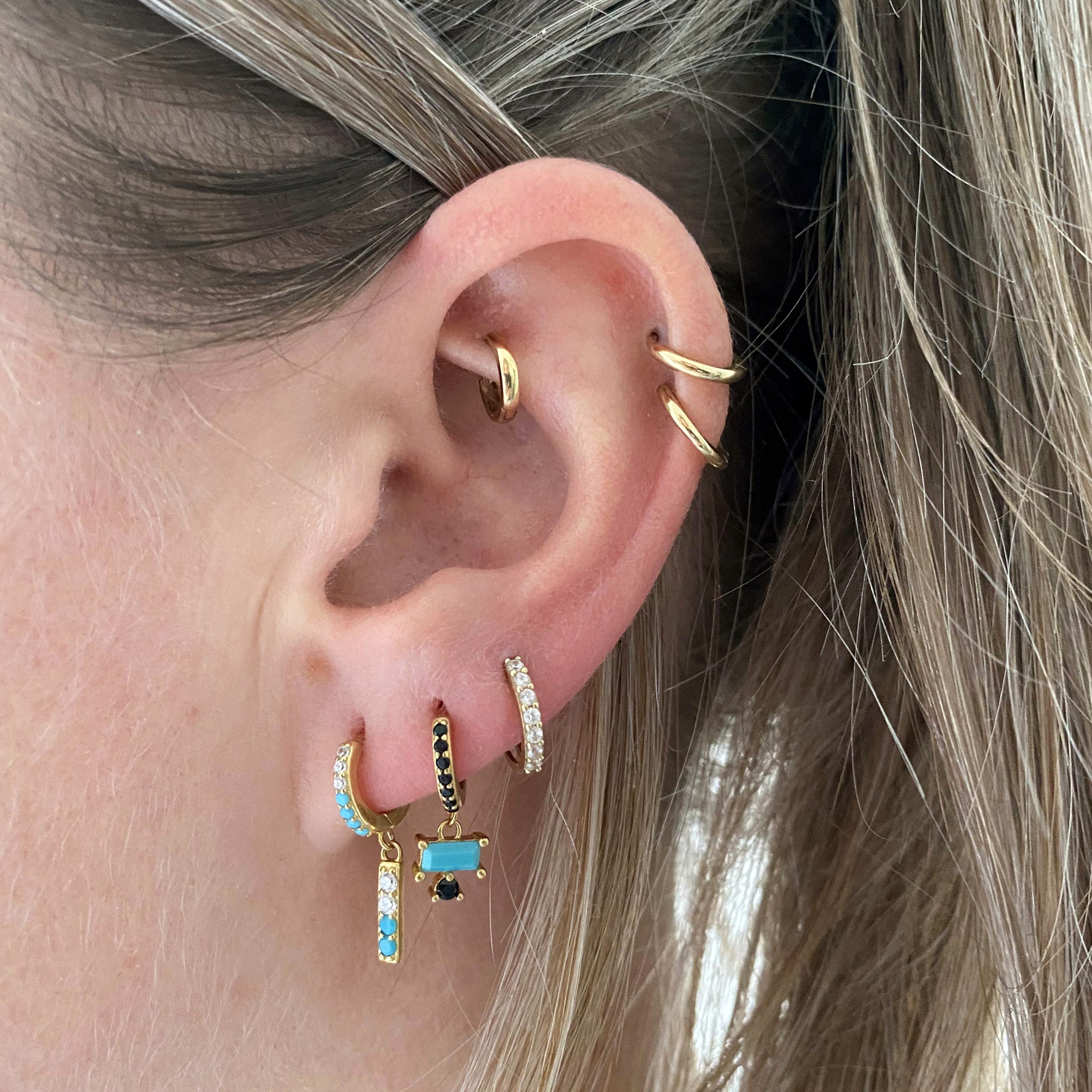 Black and Turquoise bezel Hoops - Seol Gold