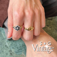 Vintage 9ct Solid Gold Sapphire and CZ flower cluster croissant ring - seolgold
