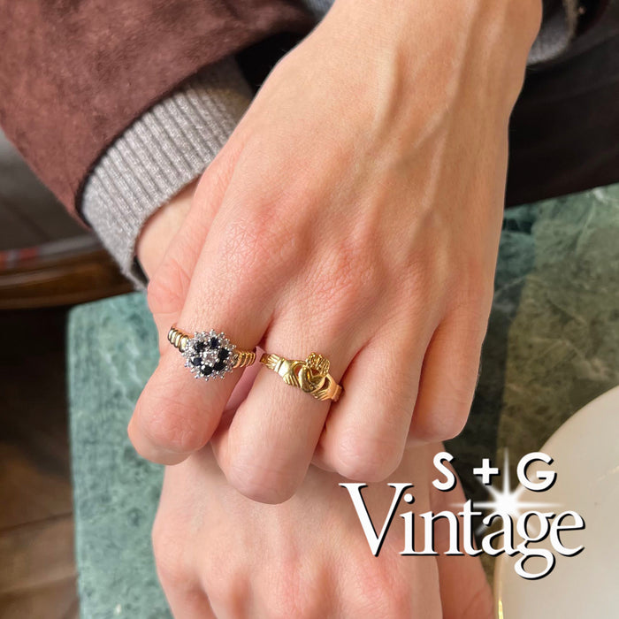 Vintage 9ct Solid Gold Sapphire and CZ flower cluster croissant ring - seolgold