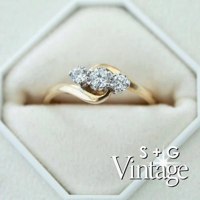 Gold ring with diamonds in a hexagonal box, featuring 'S + G Vintage' branding - seolgold