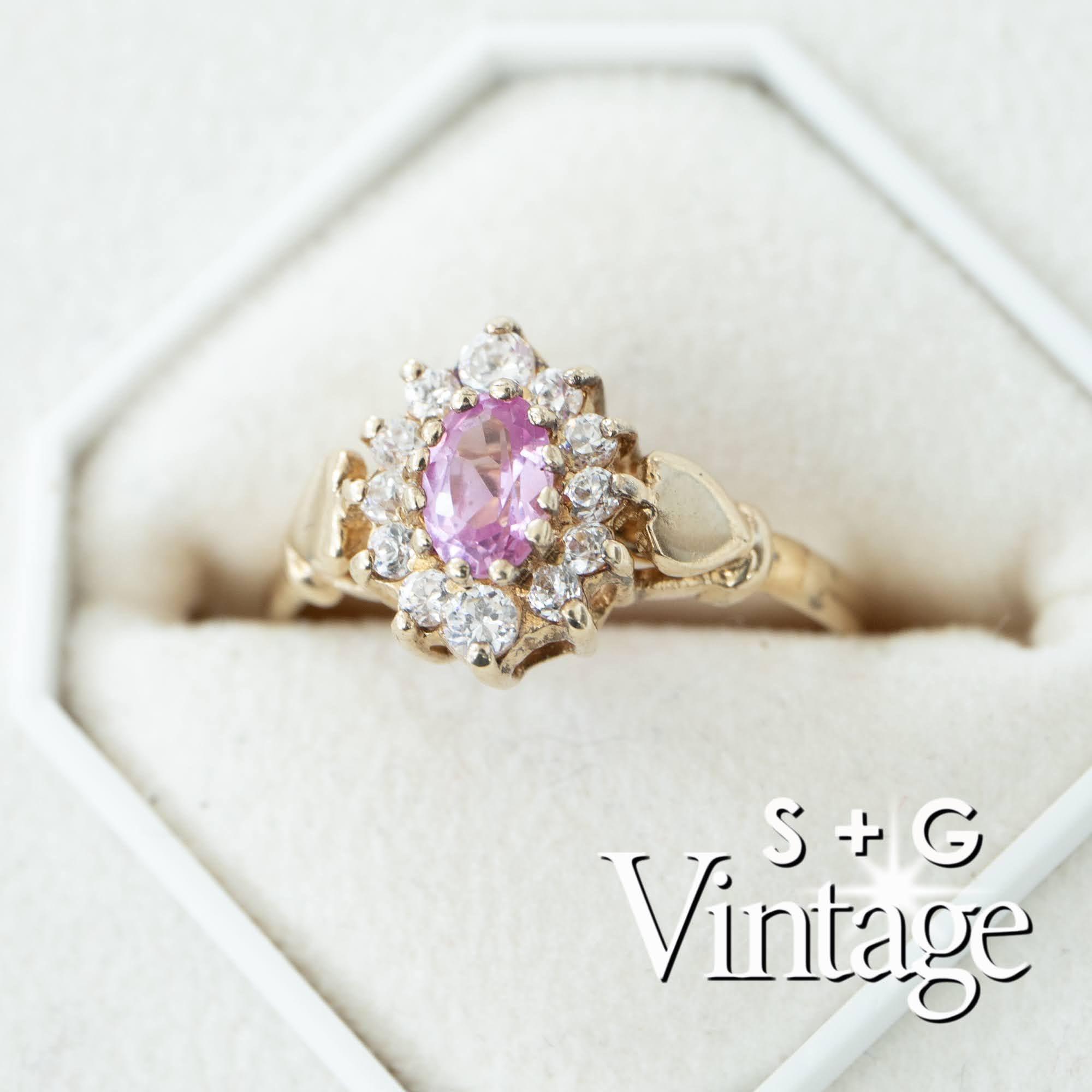 Gold ring with a pink gemstone and diamond accents on a white background, branded 'S + G Vintage' - seolgold