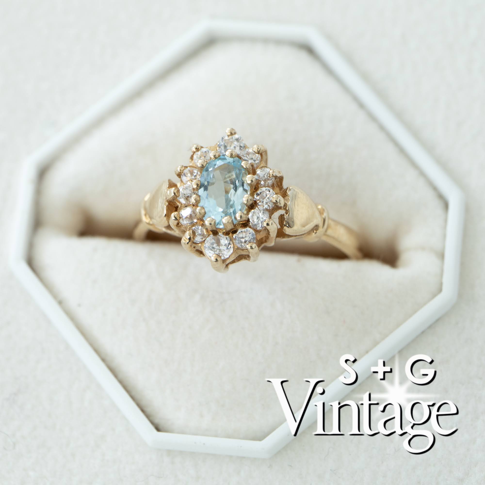 Vintage 9ct Solid Gold Aquamarine CZ Ring - seolgold