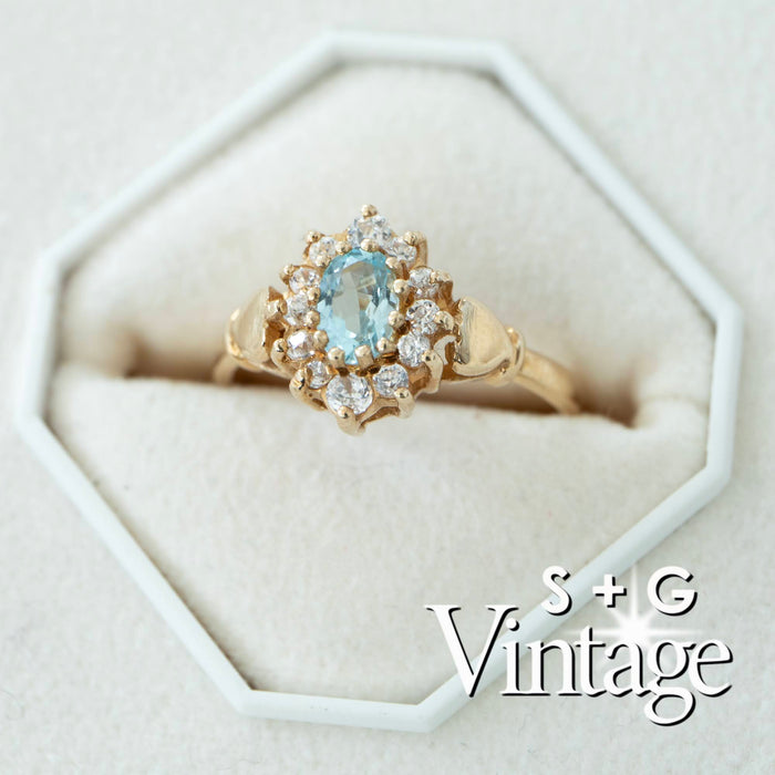 Vintage 9ct Solid Gold Aquamarine CZ Ring - seolgold