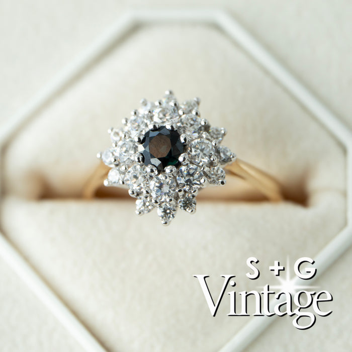 Vintage-style diamond ring with a black gemstone in a hexagonal box, featuring the brand 'S + G Vintage' - seolgold