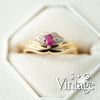 Gold ring with a red gemstone and diamonds in a hexagonal box, branded 'S + G Vintage' - seolgold