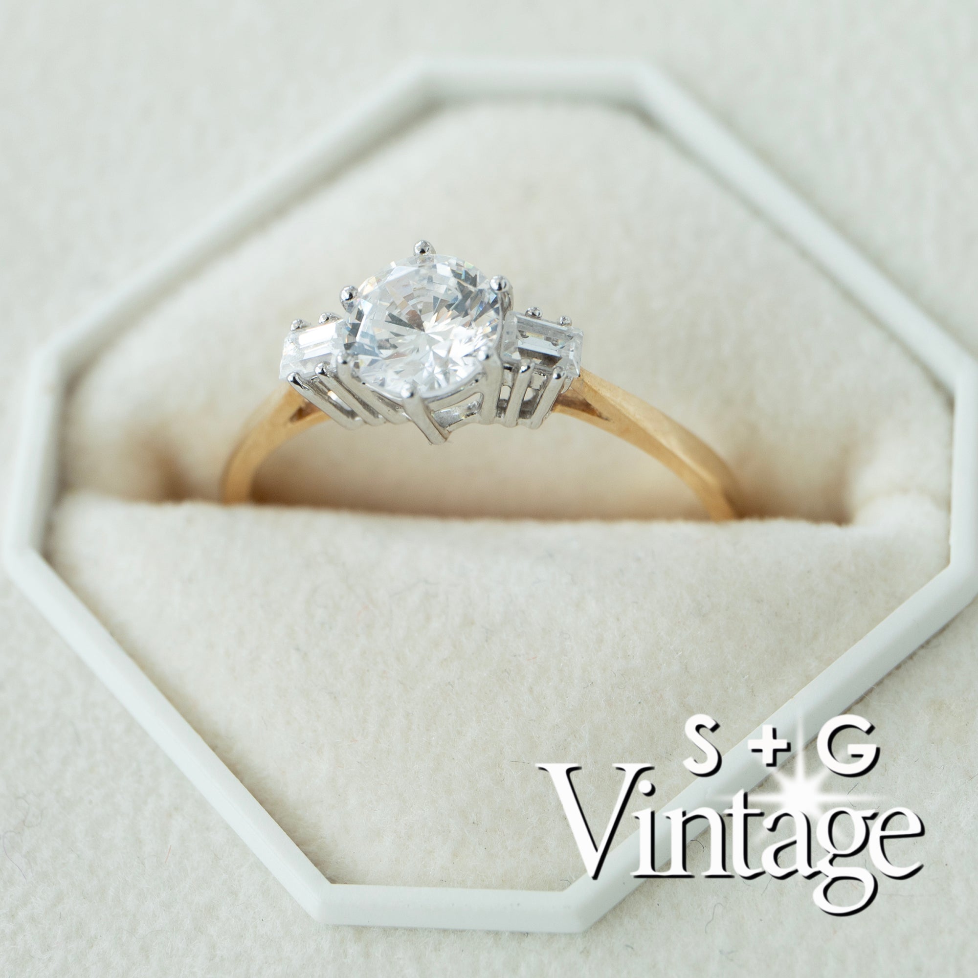 Diamond ring in a hexagonal box with 'S + G Vintage' branding - seolgold