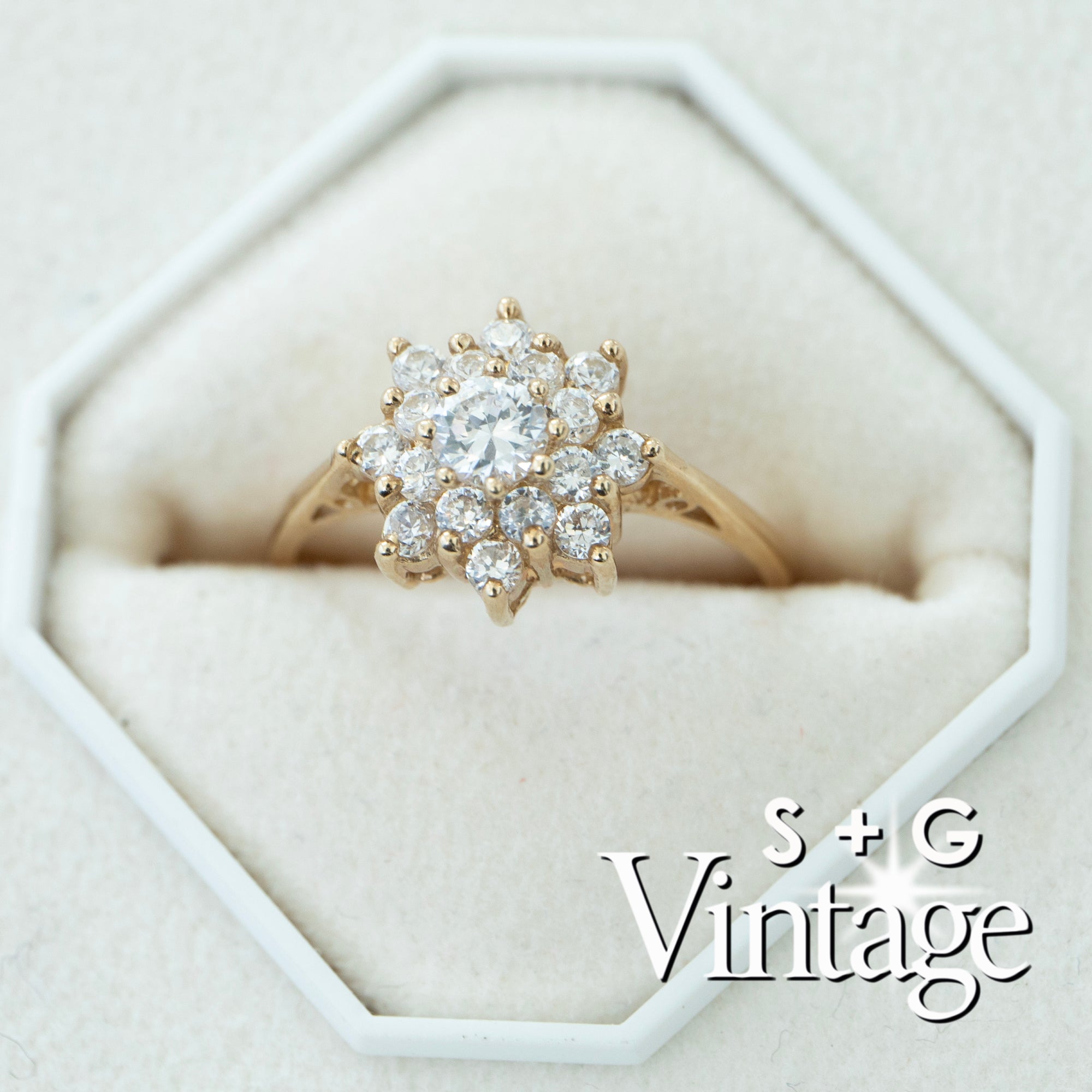 Diamond ring in a hexagonal white box with 'S + G Vintage' branding - seolgold