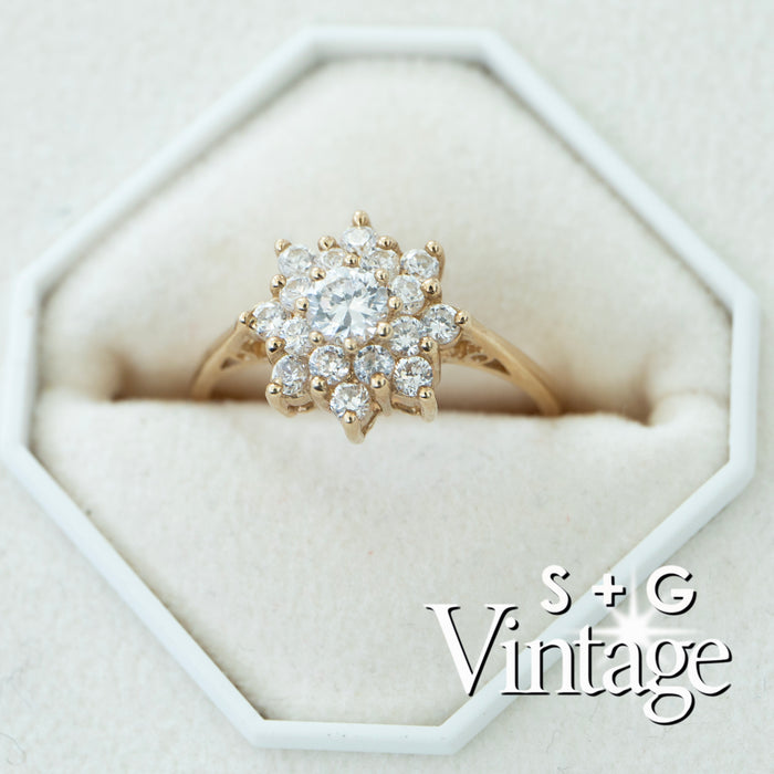 Diamond ring in a hexagonal white box with 'S + G Vintage' branding - seolgold