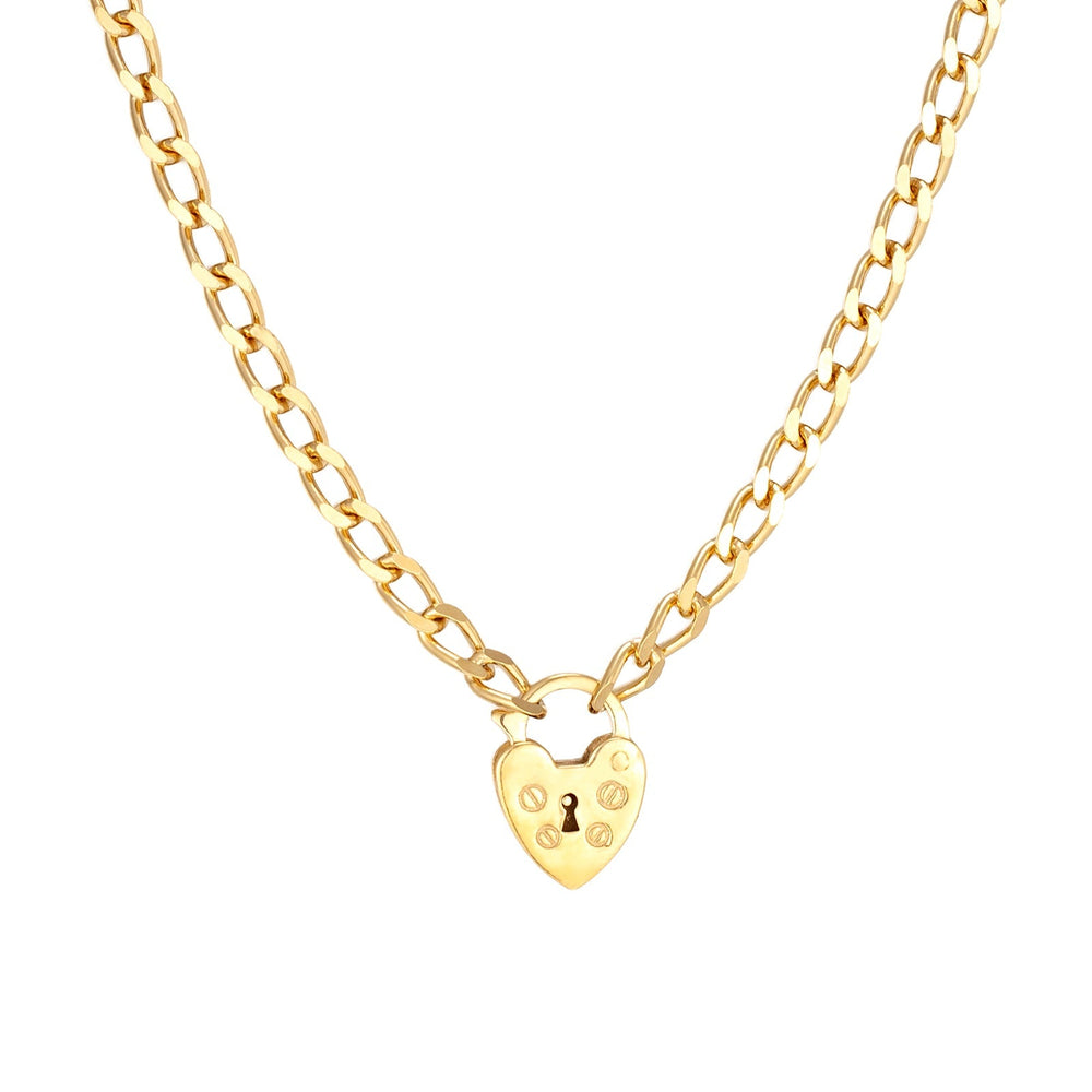 18ct Gold Vermeil Heart Lock Charm Curb Chain Necklace