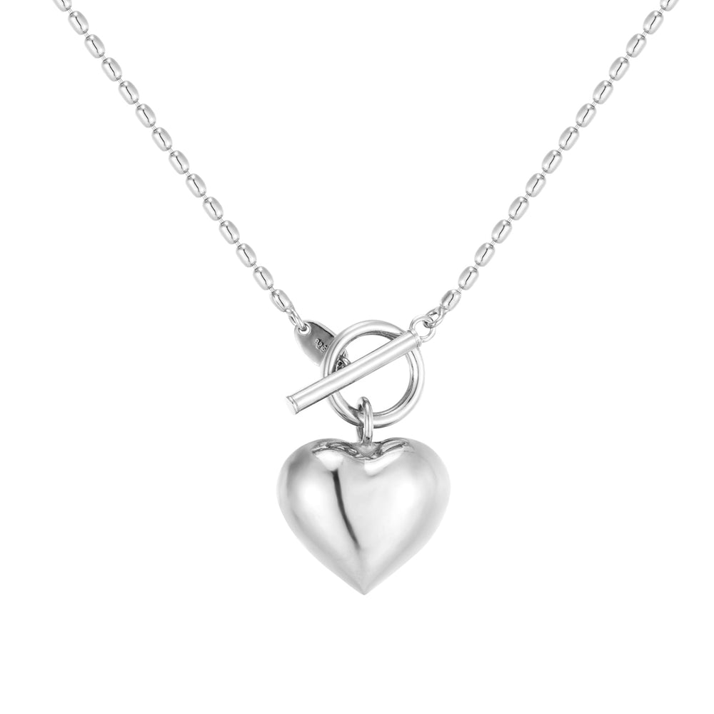 Sterling Silver Beaded Heart Charm T-bar Necklace
