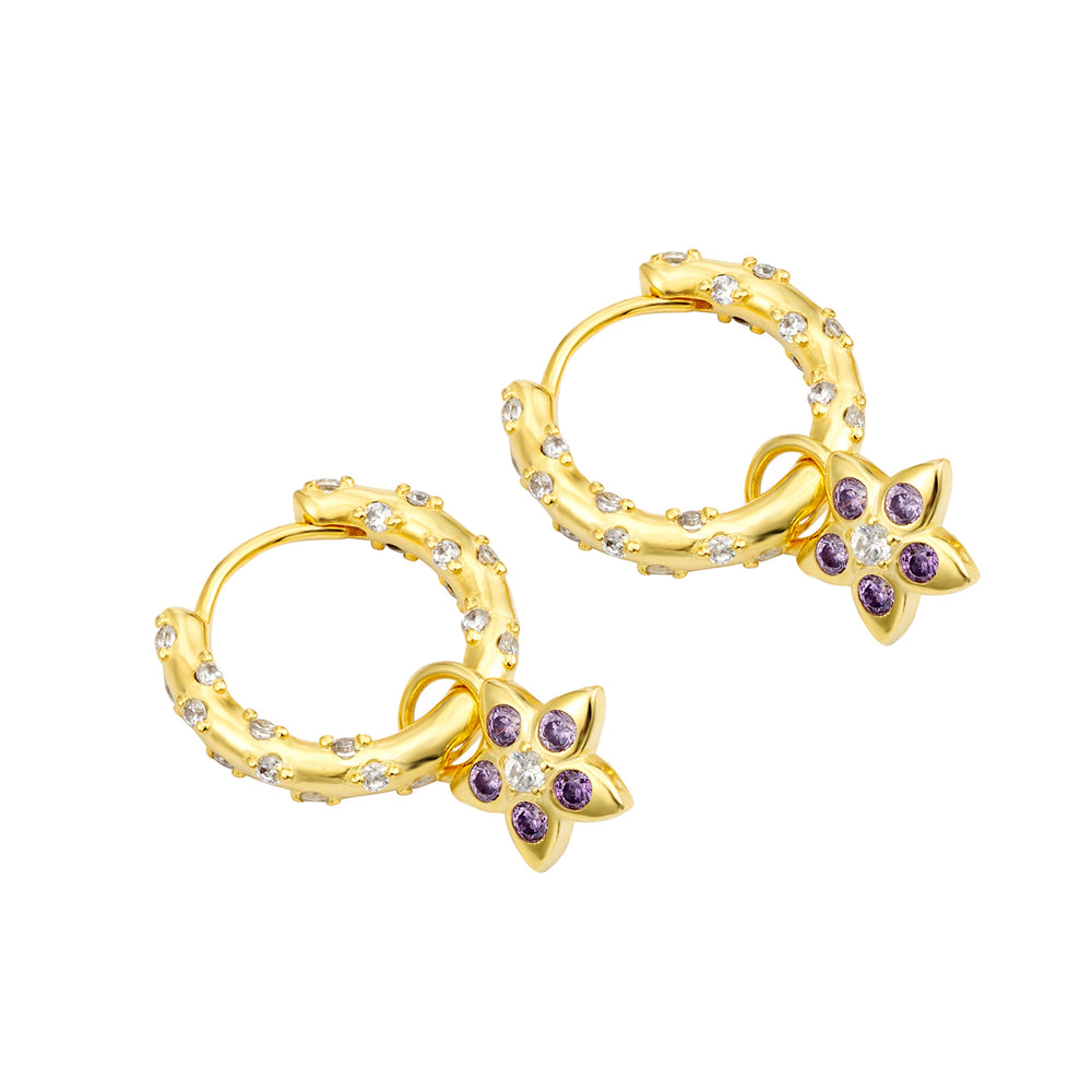 Amethyst Flower Charm Starry Hoops - Seol Gold